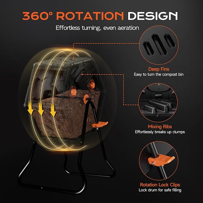 Compost Tumbler 22.5 Gallon/85L, Easy Assemble Compost Bin Outdoor, 360°Rotating Composter for Garden, Backyard, and Yard, Gifts for Seasoned Gardeners & Beginners-Orange