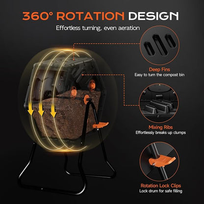 Compost Tumbler 22.5 Gallon/85L, Easy Assemble Compost Bin Outdoor, 360°Rotating Composter for Garden, Backyard, and Yard, Gifts for Seasoned Gardeners & Beginners-Orange