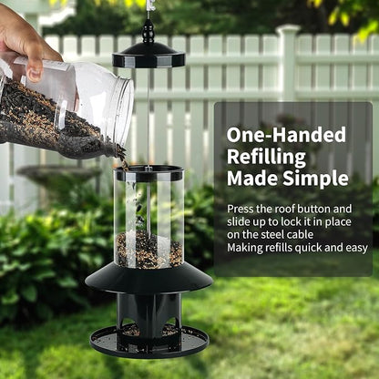 Squirrel Proof Bird Feeder - 360° Feeding Perch Tray for Outdoor Hanging Wild Bird Seeds, Dark Green.