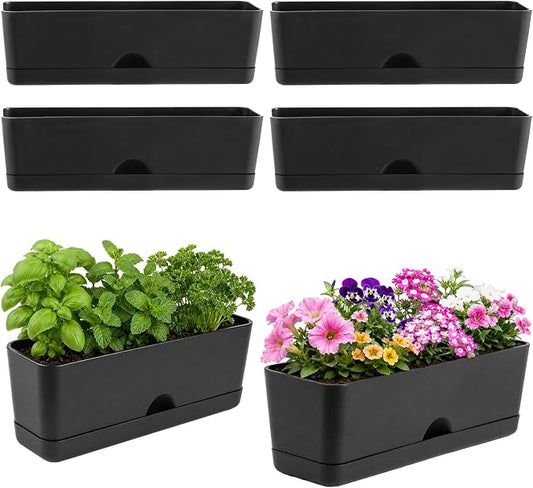 6 Pack Rectangle Planter 16x4.4 Inch Window Boxes Planters Rectangular Window Sill Planters Indoor Self Watering Plant Pots with Drainage Holes and Saucers Succulent Herb Flower Pots, Black