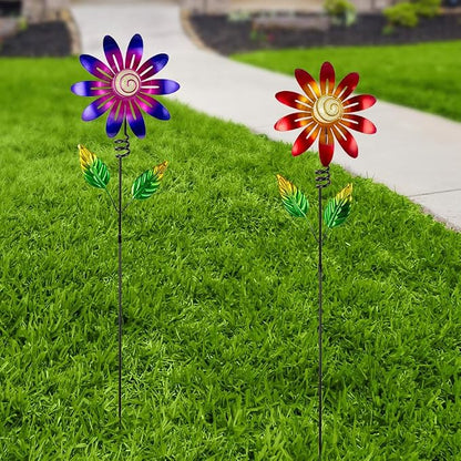 Metal Flowers Decorative Garden Stakes, 2 Pack 25'' Flower Garden Decor for Outside Spring Yard Decor, Flower Metal Yard Art for Porch Fence Landscape Patio Decor (Red & Purple)