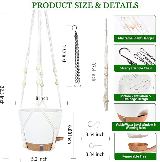 Hanging Planter for Indoor Plants 8 Inch, 2 Pack Hanging Baskets for Plants, Self Watering Hanging Flower Pots with Drainage Hole & 2 Kinds of Plant Hangers for Garden Home Decor (White, 8 inch)