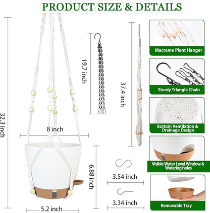 Hanging Planter for Indoor Plants 8 Inch, 2 Pack Hanging Baskets for Plants, Self Watering Hanging Flower Pots with Drainage Hole & 2 Kinds of Plant Hangers for Garden Home Decor (White, 8 inch)