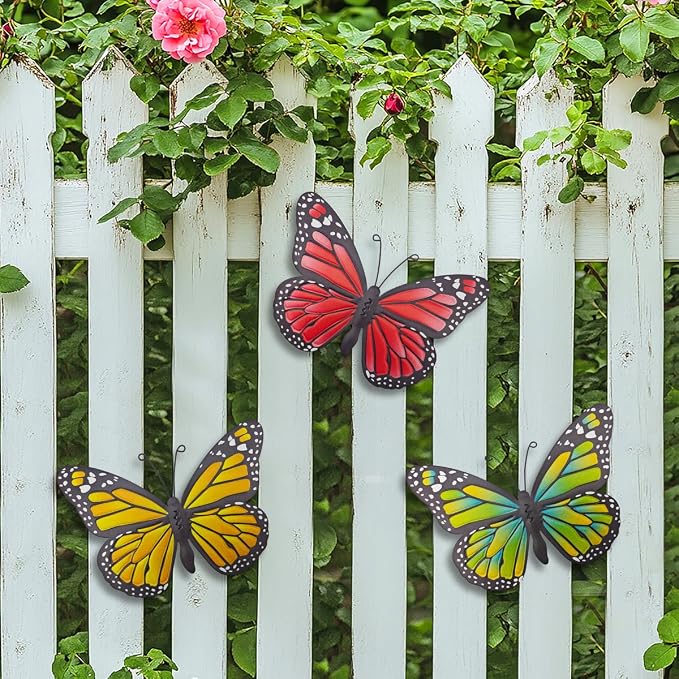 EOORAU Metal Butterfly Wall Decor - 3 Pack Lifelike Butterflies Wall Art Sculpture Hanging Decorations for Indoor or Outdoor, Yard Patio Fence Garden Decoration