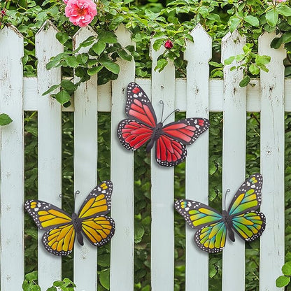 EOORAU Metal Butterfly Wall Decor - 3 Pack Lifelike Butterflies Wall Art Sculpture Hanging Decorations for Indoor or Outdoor, Yard Patio Fence Garden Decoration