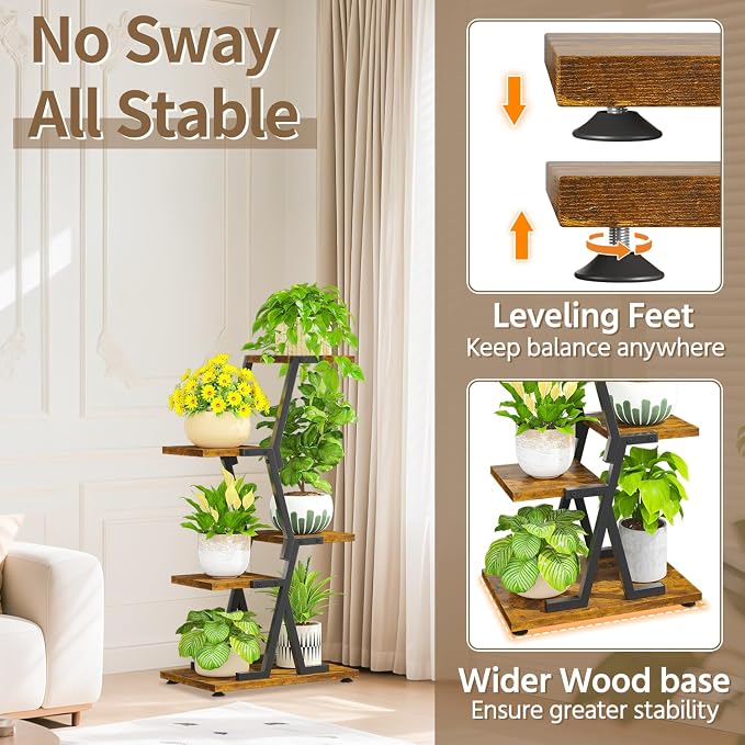 LASZOLA 4 Tier Tall Wood and Metal Plant Stand Indoor for Heavy Duty Planter, Large Multi Level Vertical Flower Shelf for Narrow Corner, Sturdy Rustic Rack Holder for House Patio, Space Saving, Black