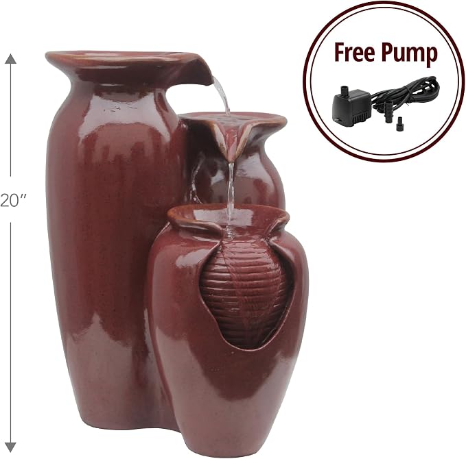 Teamson Home Jar 3 Tiered Floor Waterfall Fountain with Pump for Outdoor Patio Garden Backyard Decking, 20 Inch Height, Brown | With Pump, Outdoor Patio Garden Backyard Decking, 20 Inch Height