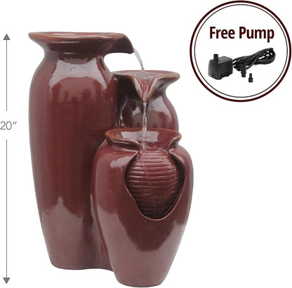 Teamson Home Jar 3 Tiered Floor Waterfall Fountain with Pump for Outdoor Patio Garden Backyard Decking, 20 Inch Height, Brown | With Pump, Outdoor Patio Garden Backyard Decking, 20 Inch Height