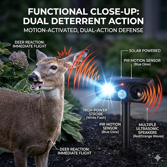 2026 Sonic Fortress Pro Deer Repellent Devices for Plants,4Pack Feral Cat Repellent Outdoor Solar Ultrasonic Animal Repellent with Motion Sensor&Flash Light,Raccoon Fortress Pro for Vegetable Garden
