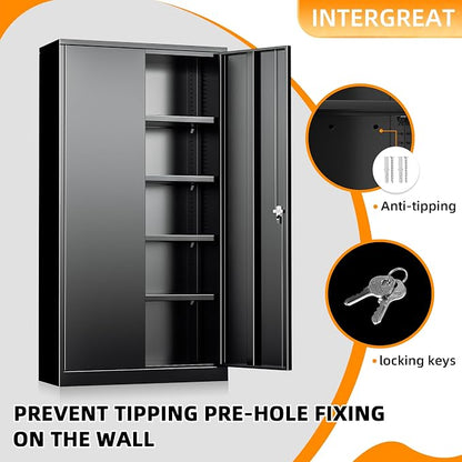 INTERGREAT Black Metal Storage Cabinet Doors, 72" Locking Steel Storage Cabinet with Shelves, Tall Metal Cabinet Lockable Steel Cabinets for Home Office, Garage
