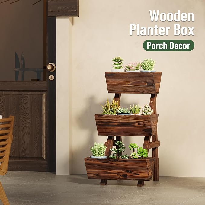 3-Tier Vertical Wooden Raised Garden Bed, Freestanding Garden Planter Box, Wood Flower Rack, Planter Box for Herbs, Vegetables, Outdoor Indoor Use, Small-Carbonized