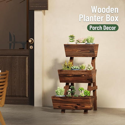 3-Tier Vertical Wooden Raised Garden Bed, Freestanding Garden Planter Box, Wood Flower Rack, Planter Box for Herbs, Vegetables, Outdoor Indoor Use, Small-Carbonized