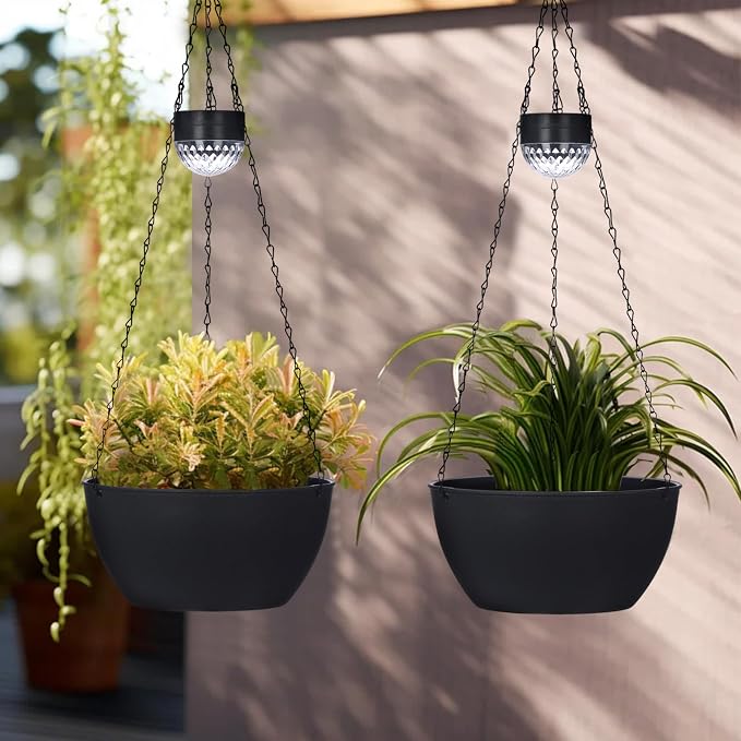 BAYN 2 Packs Solar Hanging Basket Planters for Plants Outdoor | Self Watering, Black Flower Pots with Solar Light , Hanging Planters with Drainer for Balcony Patio Garden Decoration