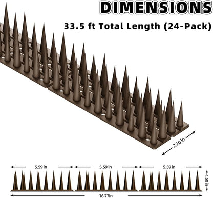 Bird Spikes, 24 Pack, 33.5 FT Total Coverage, Outdoor Bird Deterrent for Pigeons and Small Birds, Helps Keep Cats and Squirrels Away, Plastic Spikes for Fences, Railings and Roofs, Brown