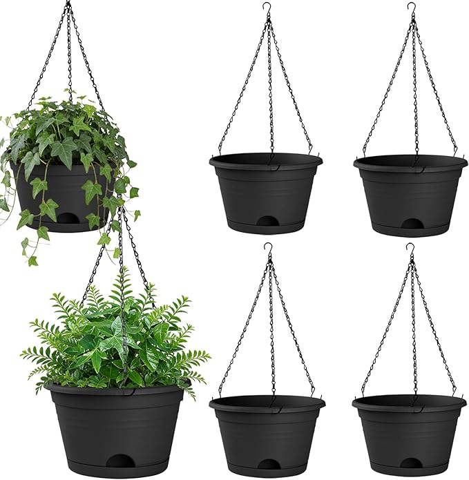 Nooulap 6 Pack Hanging Planters, 10 Inch Hanging Pots, Black | Plastic Hanging Plant Pot, Outdoor Indoor Use, with 40cm Chains and Drainage Trays, Hanging & Place Flower Pots