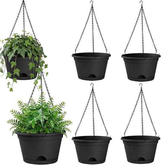 Nooulap 6 Pack Hanging Planters, 10 Inch Hanging Pots, Black | Plastic Hanging Plant Pot, Outdoor Indoor Use, with 40cm Chains and Drainage Trays, Hanging & Place Flower Pots