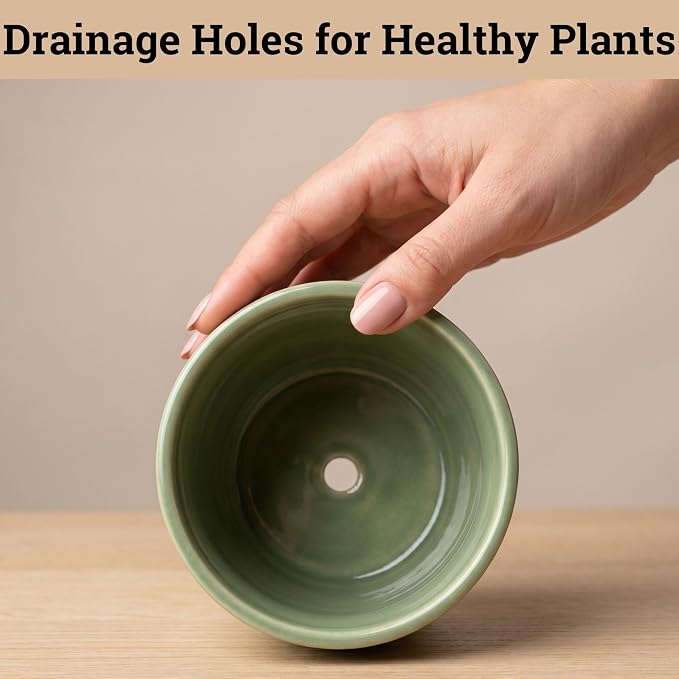 Ceramic Pots for Plants Set of 3, 6, 5, 4 Inch Diameter with Drainage Holes | Thick Durable Ceramic Pots, Plant Pots with Drainage Holes, Mesh Pads, Drain Plugs & Anti-Scratch Pads, Decorative Flower Pot