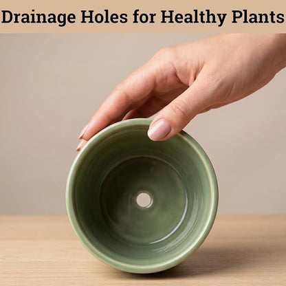 Ceramic Pots for Plants Set of 3, 6, 5, 4 Inch Diameter with Drainage Holes | Thick Durable Ceramic Pots, Plant Pots with Drainage Holes, Mesh Pads, Drain Plugs & Anti-Scratch Pads, Decorative Flower Pot