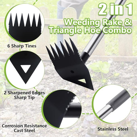 Weed Puller Tool with Long Handle, Hoe Garden Tool Weed Rake Combo for Weeding, 60" Garden Hoe Weed Remover Tool with Detachable Handle, Manual Weeder Garden Tools for Yard Flower Bed Lawn Patio(Grey)
