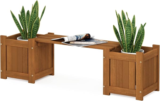 Furinno Tioman Hardwood Mini Outdoor Planter Box with Bench for Garden Plant