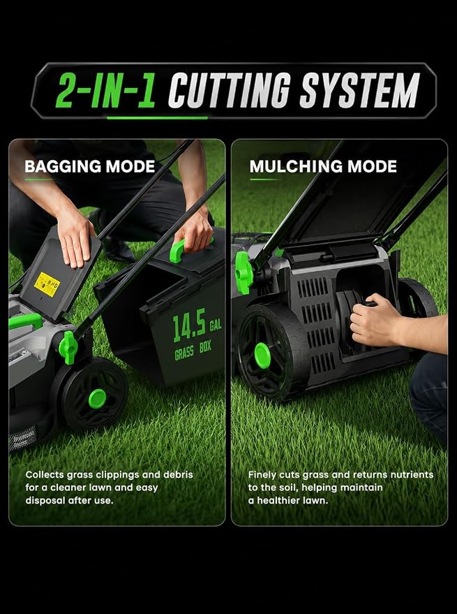 40V Cordless Lawn Mower, 16-Inch Brushless Electric Push Mower with 4.0Ah Battery & Charger, 2-in-1 Mulching and Bagging, 5-Position Height Adjustment, Lightweight Foldable Design, Viridian