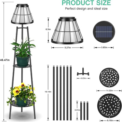 2 Pack Solar Floor Lamps Outdoor with 2-Tier Plant Stand, Metal Tall Planter Holder with Waterproof LED Lantern, Decorative Patio Light & Flower Pot Display Rack for Garden, Deck, Porch, Balcony