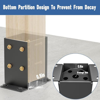 4x4 Post Base 2 Pcs, Heavy Duty Post Anchor with Anti-Corrosive Partition, Inner Size 3.5"x3.5", 13 Gauge Thick Solid Steel, Rust-Proof Powder-Coated Wood Fence Post Brackets for Support Deck, Pergola