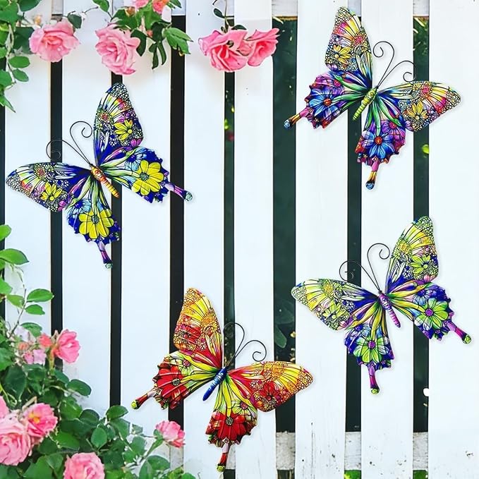 RLPZDWH Metal Butterfly Wall Art Decor, 4 Pack | 3D Metal Butterflies Outdoor Wall Art Sculpture for Garden Fence ,Yard, Backyard, Outside Wall, Patio and Balcony Decor