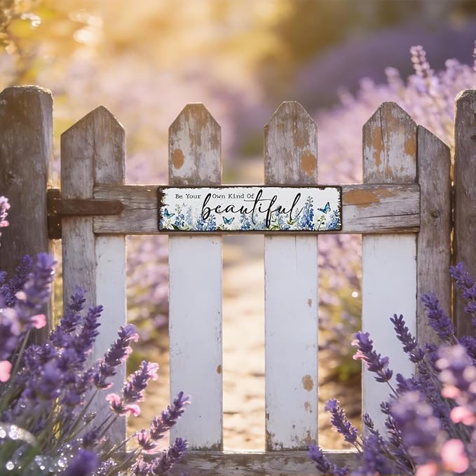 Garden Metal Tin Sign, Vintage Farmhouse Decor, Be Your Own Kind of Beautiful, Butterfly Floral for Yard Fence Porch, Inspirational Indoor Outdoor Garden Decoration, 15.7 x 3.9 Inches