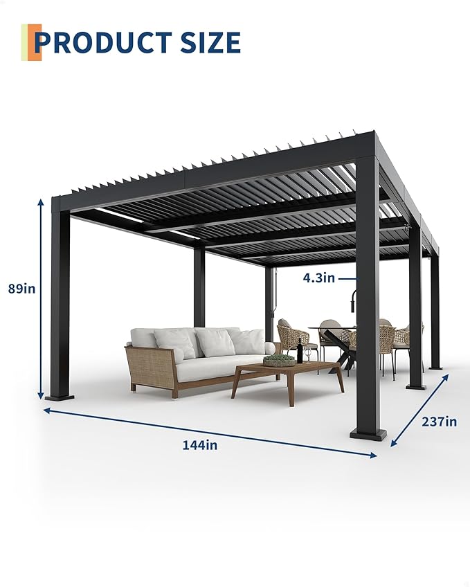 Garveelife All-Aluminum Louvered Pergola 12 ft x 20 ft, Outdoor Pergola with Adjustable Louvered Roof, Reinforced Aluminum Frame, Integrated Drainage System, Hardtop Gazebo for Patio, Deck, Gray