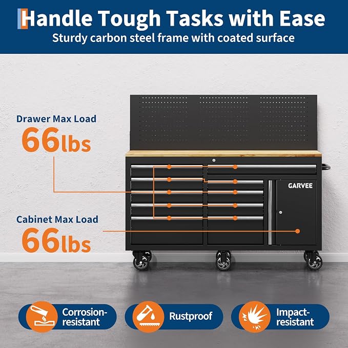60 Inch Rolling Tool Chest Workbench, 10 Drawer Tool Box with Pegboard & Lock, Mobile Garage Tool Cabinet with Charging Station, Heavy Duty Workbench for Workshop, Black