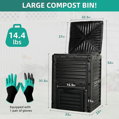 Compost Bin Outdoor, 80 Gallon Large Garden Composter, Black | Large 300L capacity with BPA-free construction, secure flip-latch lid, and easy assembly for garden, kitchen, and yard waste.