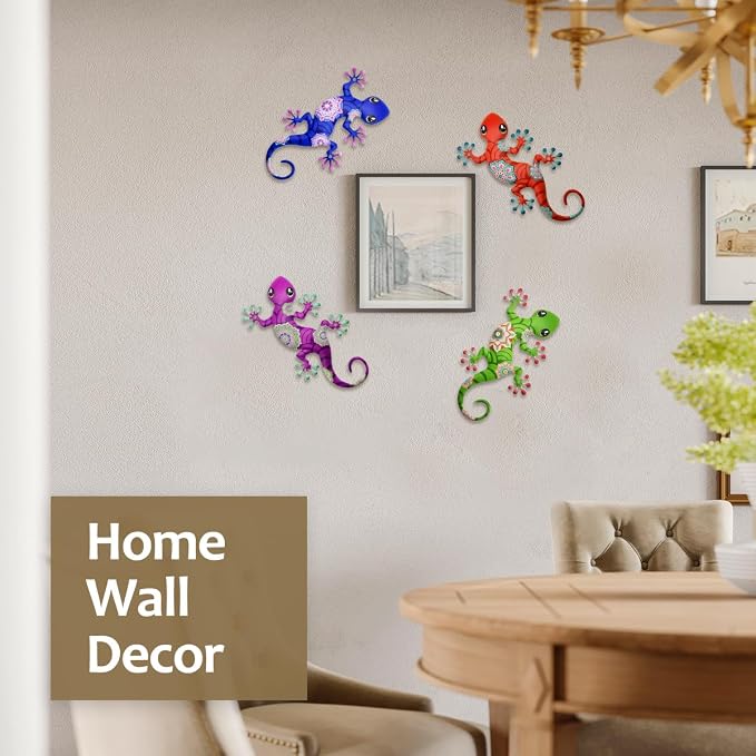 Metal Gecko Outdoor Decorations - 4 Pcs 9.5'' Metal Lizards Wall Art Hanging Sculpture Decoration for Garden Yard Fence Porch Exterior Wall Decor