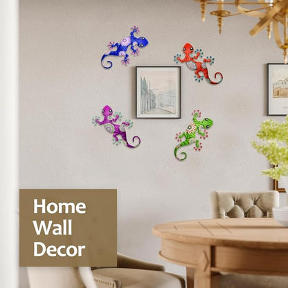 Metal Gecko Outdoor Decorations - 4 Pcs 9.5'' Metal Lizards Wall Art Hanging Sculpture Decoration for Garden Yard Fence Porch Exterior Wall Decor