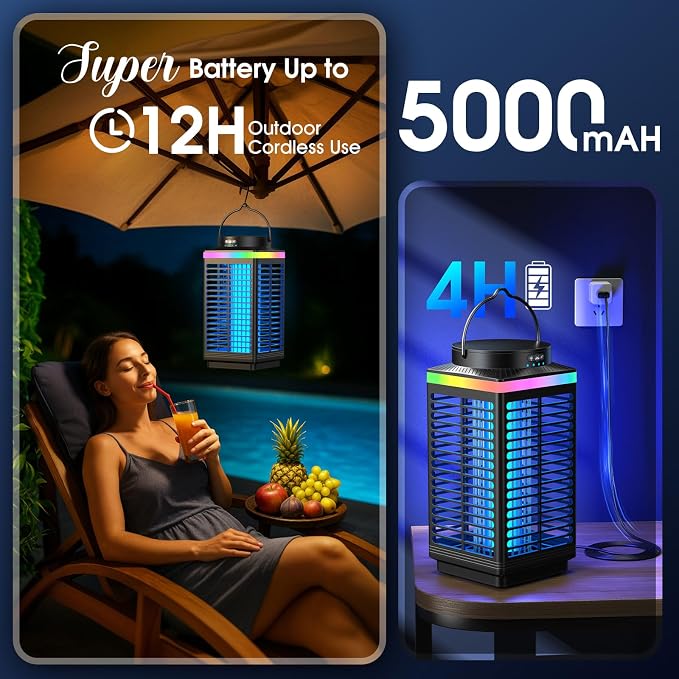 Bug Zapper Outdoor, 4-in-1 4200V Electric Mosquito Zapper, Rechargeable Bug Zapper Cordless Fly Zapper with 5000mAH Battery, Waterproof IP67, Wireless & Portable Insect Zapper for Patio Camping
