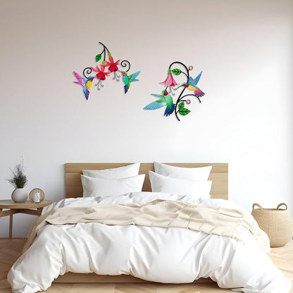 Meduofon 2 Pack Metal Hummingbird & Flower Outdoor Wall Art Decor, Creative Wall Decor for Patio, Fence, Deck, Garden, Home, Kitchen, Balcony