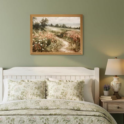 smvexyl Farmhouse Vintage Landscape Wall Art, Framed Canvas Print, Rustic Wildflower Meadow Country Path Painting for Living Room Bedroom Bathroom, 8x10 inch