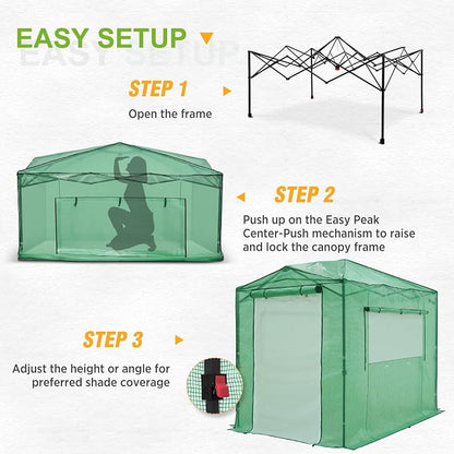 EAGLE PEAK 8x6 Portable Walk in Greenhouse, Pop Up Indoor Outdoor Greenhouse, Green House Kit with Zippered Roll-Up Doors and Windows + Mesh Lined Door, PE Cover, Clear/Green