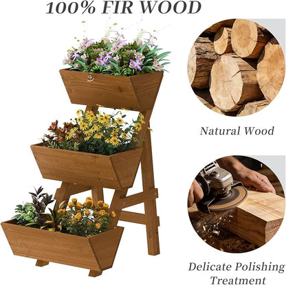 Kitsanery 3-Tiers Wooden Raised Garden Bed,Wood Planter Box for Vegetable,Flower Rack,Flower Pot Stands,Indoor Outdoor Gardening Planting Beds (Brown, Small)