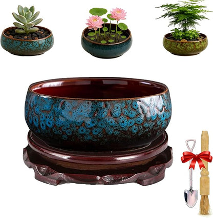 Lotus Bowl Planter - Ceramic Leak-Proof Hydroponic Pot with Rotating Bracket, 6.5 x 2.5 in Round Shallow Plant Glazed Vase, Indoor Water Planting for Home, Patio, Zen Garden Decor