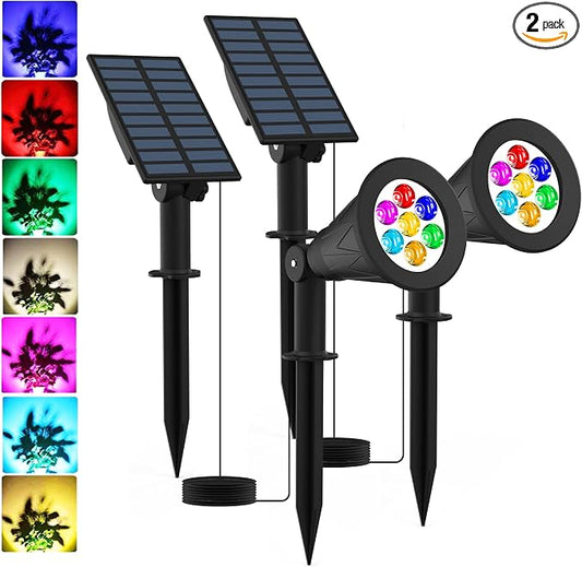 T-SUNUS RGB Solar Landscape Spotlights Christmas, Color Changing Spot Lights Waterproof IP65 Garden Pond, 180° Adjustable Halloween Wall Tree Light Separately Installed for Outdoor Indoor 2 Pack