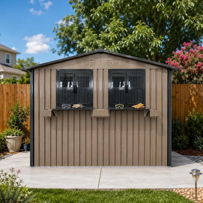 6x9 FT Outdoor Storage Shed with 2 Clear Openable Windows,Waterproof Metal Building Backyard Shed w/Windowsill & Garden Bed Flower Rack,Lockable Double Doors Tool Shed,for Yard,Brown