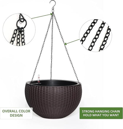 Dexceder 10.5 Inch Self Watering Hanging Planter (Brown) | Thickened Large Hanging Basket Flower Plant Pot with Water Level Indicator Indoor Outdoor