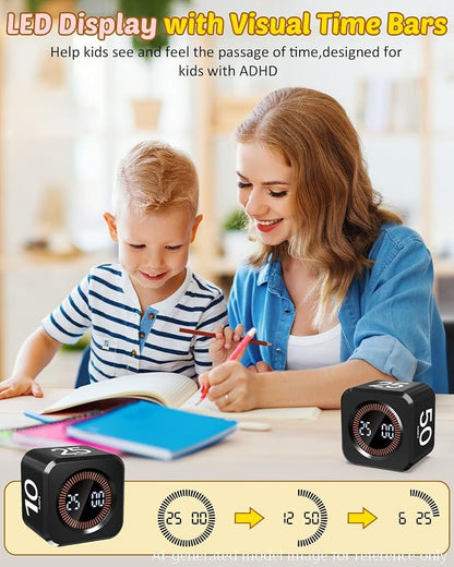 Digital Pomodoro Timer Cube 5/10/25/50min, Visual Productivity Flip Timer for Kids Classroom Desk, Custom Countdown, Silent and Sound Mode for ADHD Study Work Game Kitchen (Black)