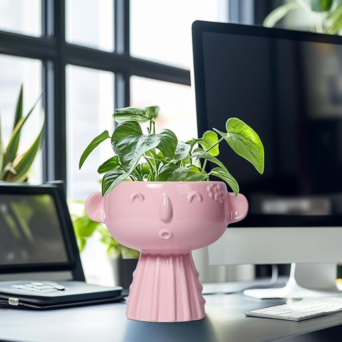 Face Pots for Plants - 7 Inch Ceramic Face Planters Pots Head for Indoor Outdoor, Small Funny Succulent Planters with Drainage Hole, House Room Apartment Decor, Gifts for Women, Bright Pink