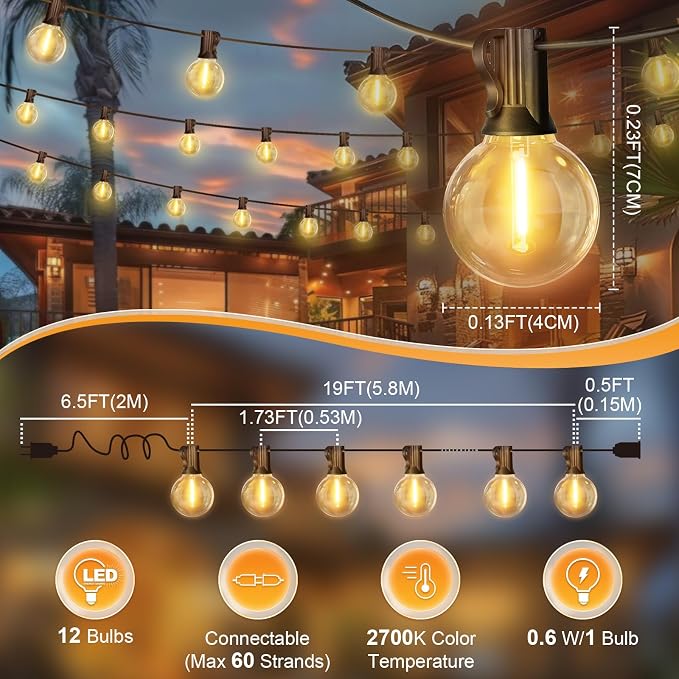 LAMPHOME LED Outdoor String Light, 26Feet Patio Lights with 12+1Edison Shatterproof Bulbs(1Spare), UL Waterproof Outside Lights connectable Dimmable for Backyard Porch Decor,Warm White
