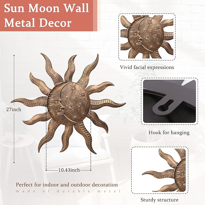 VCUTEKA 27" Sun Metal Wall Art Outdoor Decor Moon Wall Decoration Metal Wall Sculpture Hanging Garden Wall Art Wall Sculpture for Indoor Outdoor Patio Fence Decor Gold