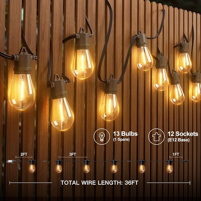 addlon 36FT LED Outdoor String Lights with 12 Edison Vintage Shatterproof Bulbs, Commercial Grade Patio Lights, IP65 Waterproof for Balcony, Backyard and Garden, Warm White