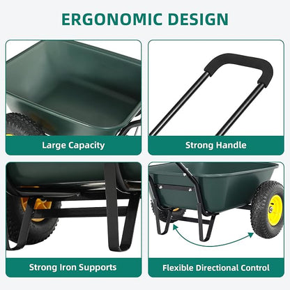 2 Wheel Wheelbarrow, Dual-Wheel Garden Dump Cart with 10" Non-Slip Pneumatic Tires & Ergonomic Padded Handle, Heavy-Duty Home Utility Yard Cart Wagon with 3 Cu Ft Capacity for Lawn, Gardening