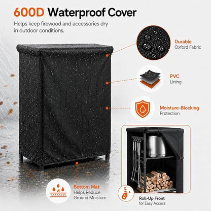 Hisencn Fire Pit Storage Station 4.5 ft for Solo Stove and Other Fire Pits, Outdoor Firewood Rack with Waterproof Cover, Adjustable Shelf Wood Storage Cabinet for Logs and Fire Pit Accessories